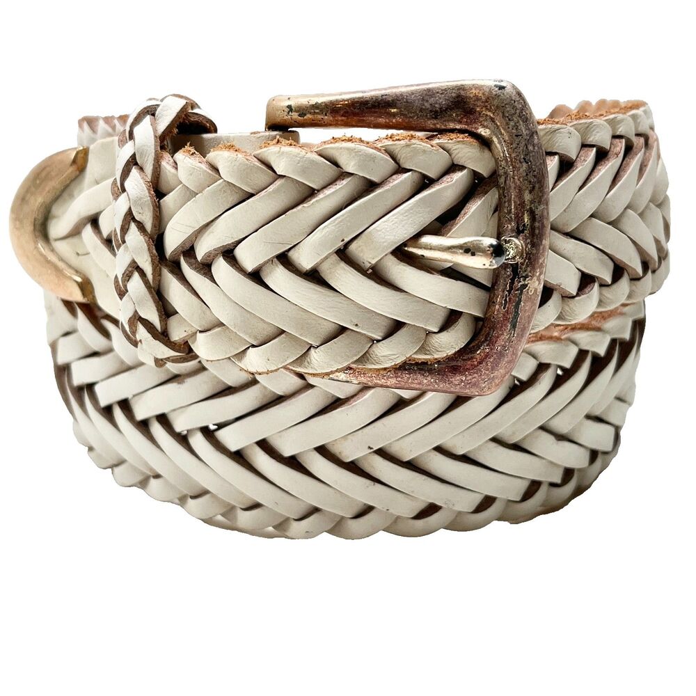 Vintage Brighton White Braided Leather Weave Belt Size S M Womens Brass Made USA
